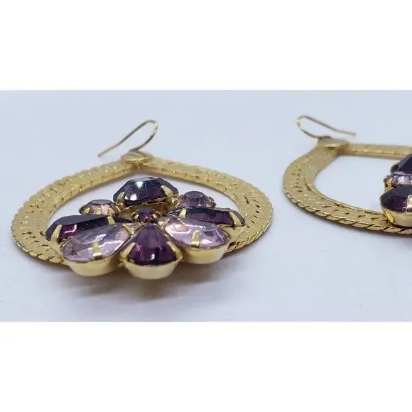 Vintage Gold Tone Dangle Earrings Teardrop Chain Purple Rhinestone Floral - Picture 8 of 9